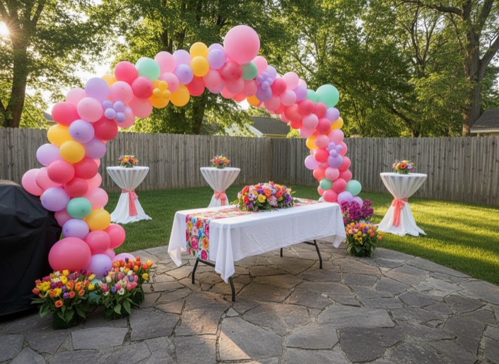 Same patio with a multicolor balloon arch, colorful florals, and cocktail tables
