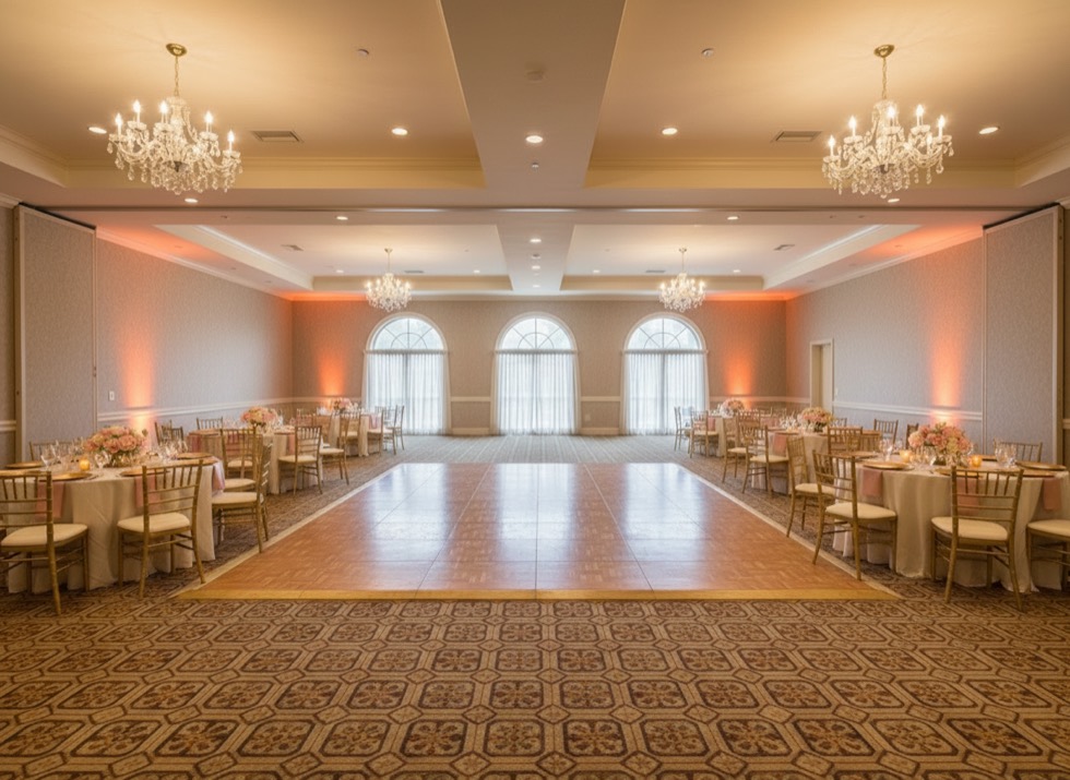 The same ballroom set for a candlelit wedding reception