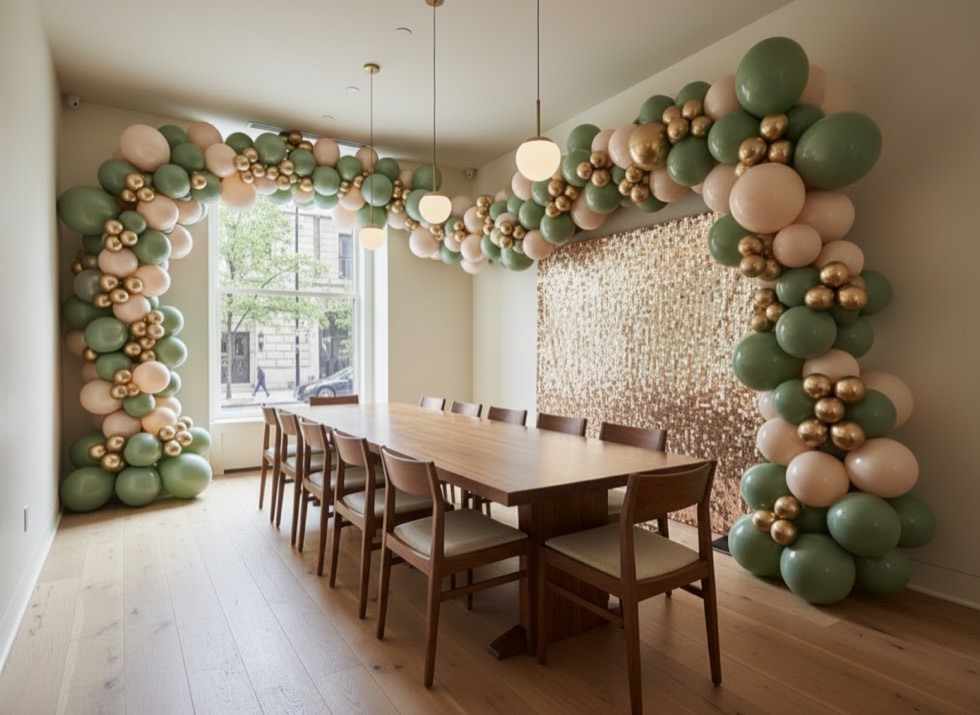 The same room framed by a full sage and gold balloon garland with a champagne sequin backdrop