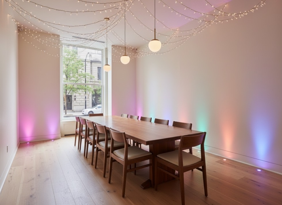 Same room with a fairy-light canopy and multicolor uplighting only